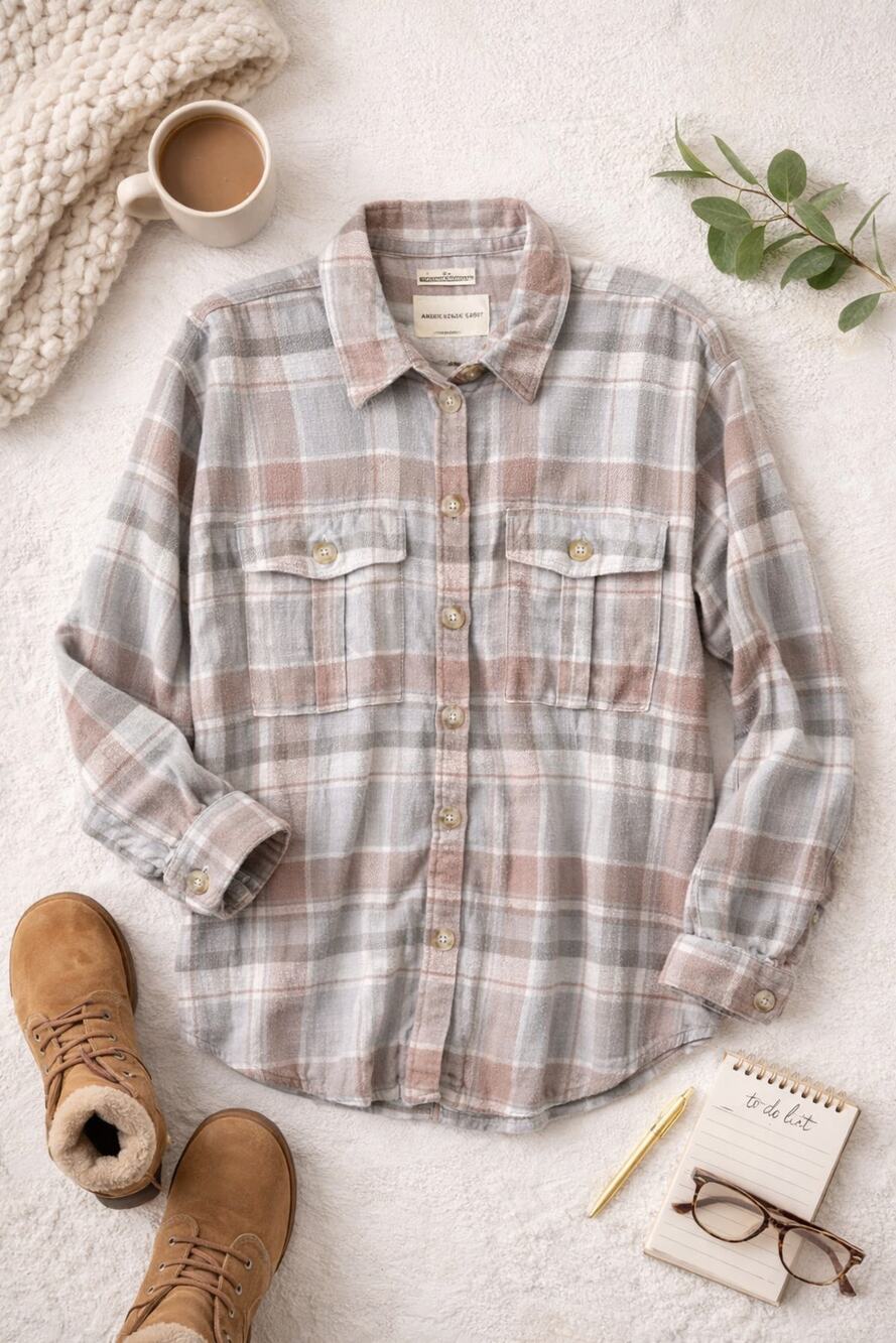 American Eagle Oversized Plaid Flannel Shacket Soft Neutral Cozy Shirt Jacket